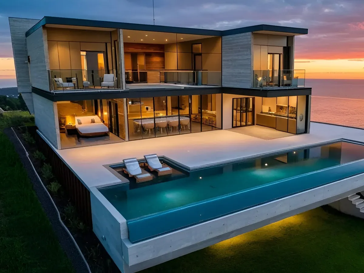 Projeto 3D de casa com piscina de borda infinita e vista para o mar ao entardecer