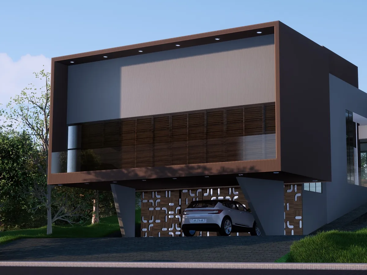 Projeto 3D de casa com volume suspenso em moldura marrom e garagem fechada em cobogó