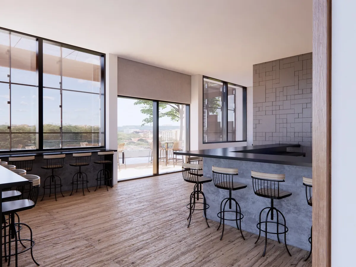 Projeto 3D de área gourmet com balcão, banquetas e janelas do piso ao teto