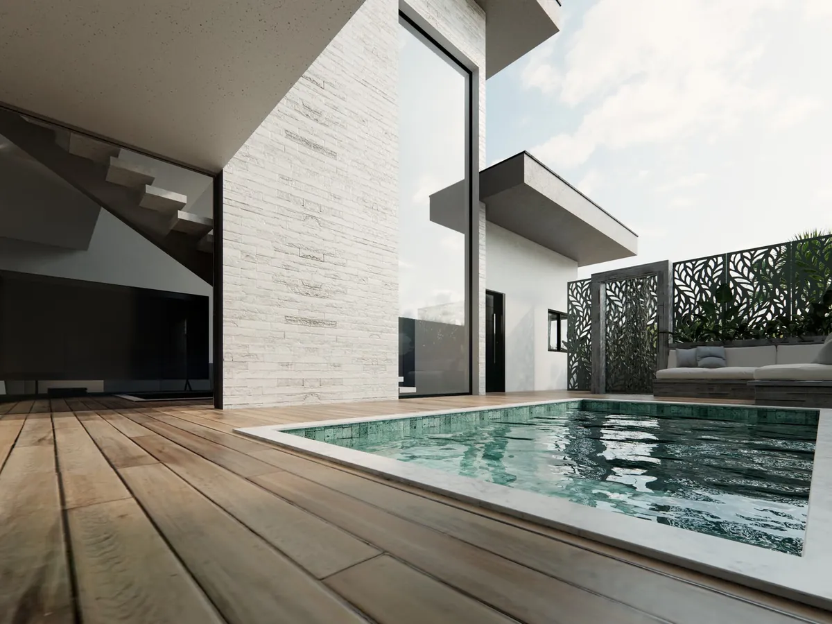 Projeto 3D de piscina com deck de madeira e painéis vazados ao fundo