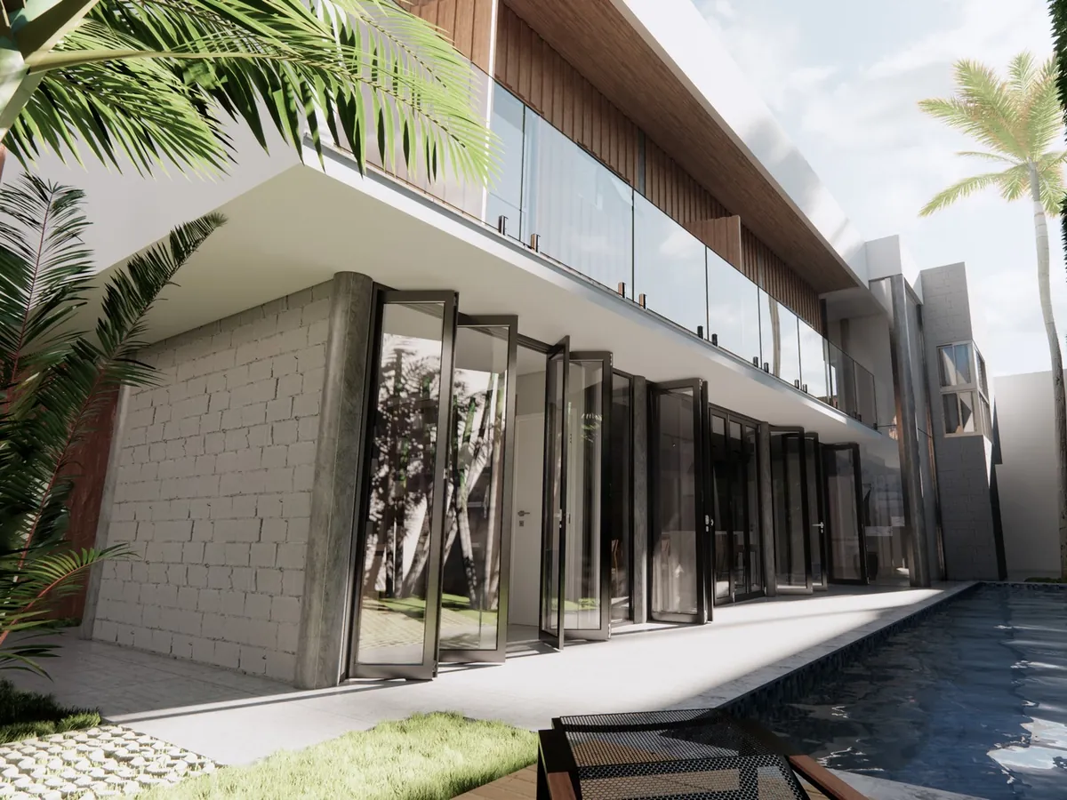 Projeto 3D de raia de piscina ao lado de jardim vertical, com portas de vidro abertas